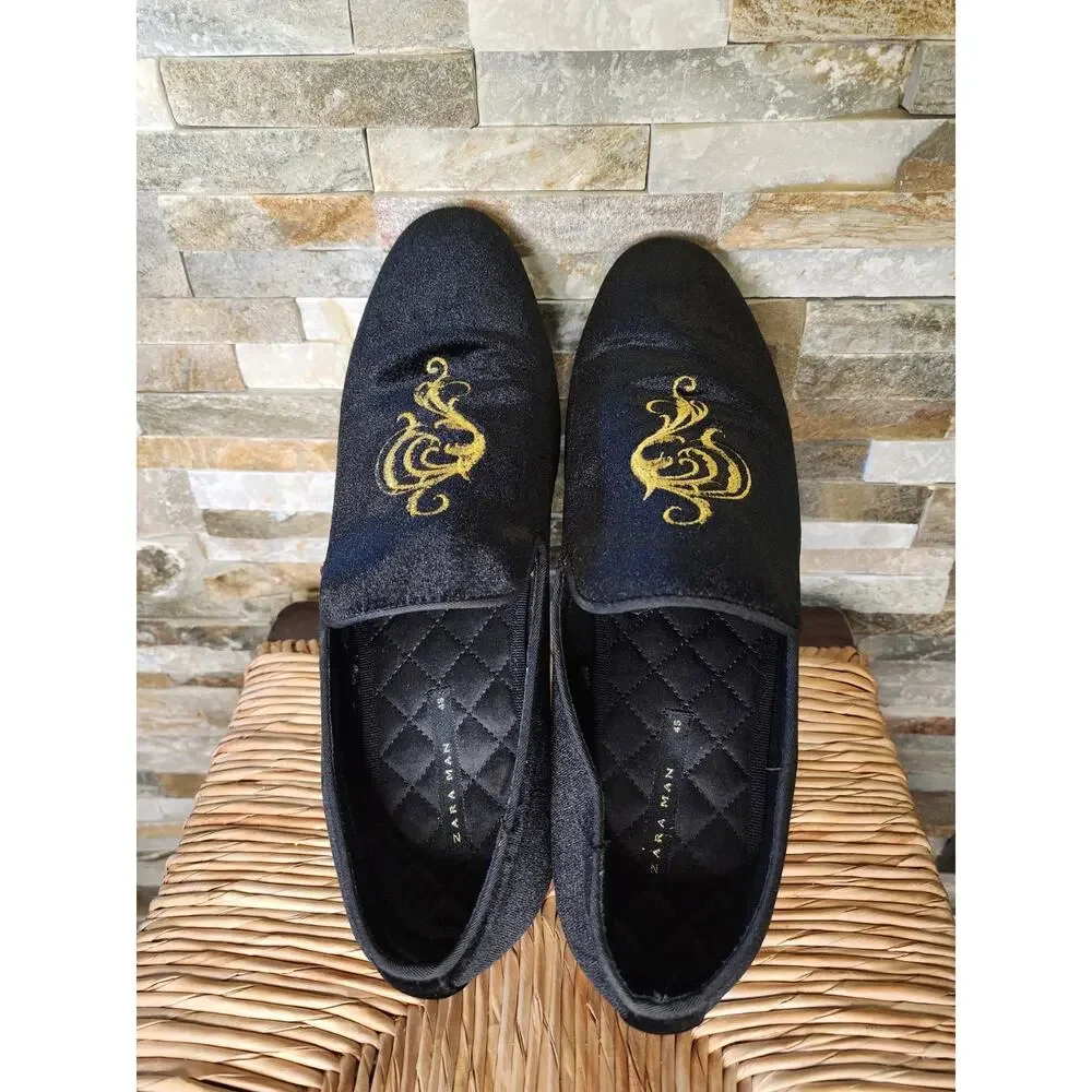 Zara Black Velvet Gold Emperor Embroidered Loafers Slip On Shoe Mens US 12 EU 45